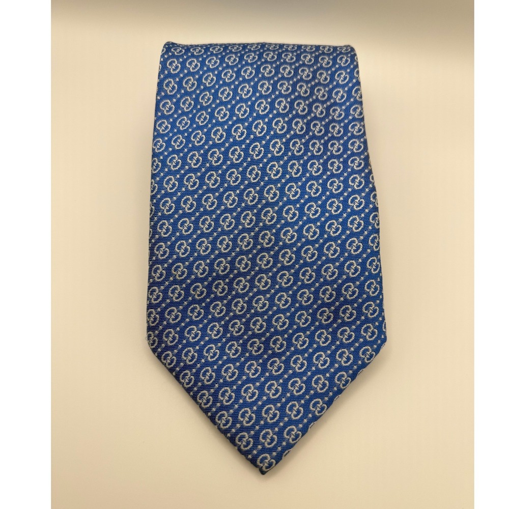 Gucci Silk Tie OS Blue GG Logo Star Pattern Italian Luxury Designer Formal Tie